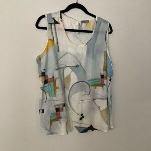Abstract Print Sleeveless Top - Light Blue & White